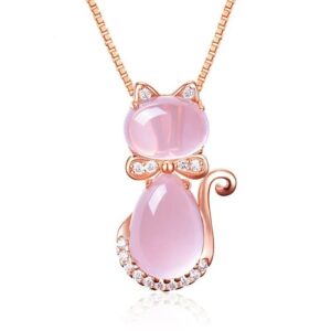 NW 1776 Natural Hibiscus Stone Powder Crystal Cat Necklace for Women