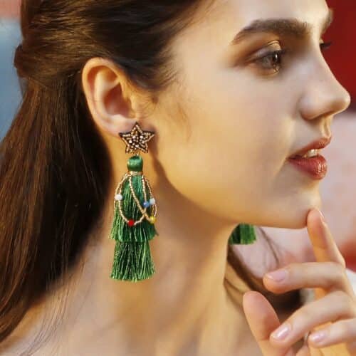 Lightweight Christmas Tree Tassel Beaded Earrings, Bohemian Green Earrings