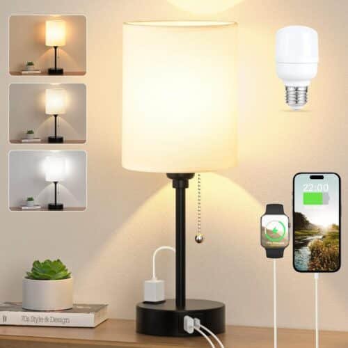 Small Bedroom Lamps with USB C and A Ports 3 Color Temperatures